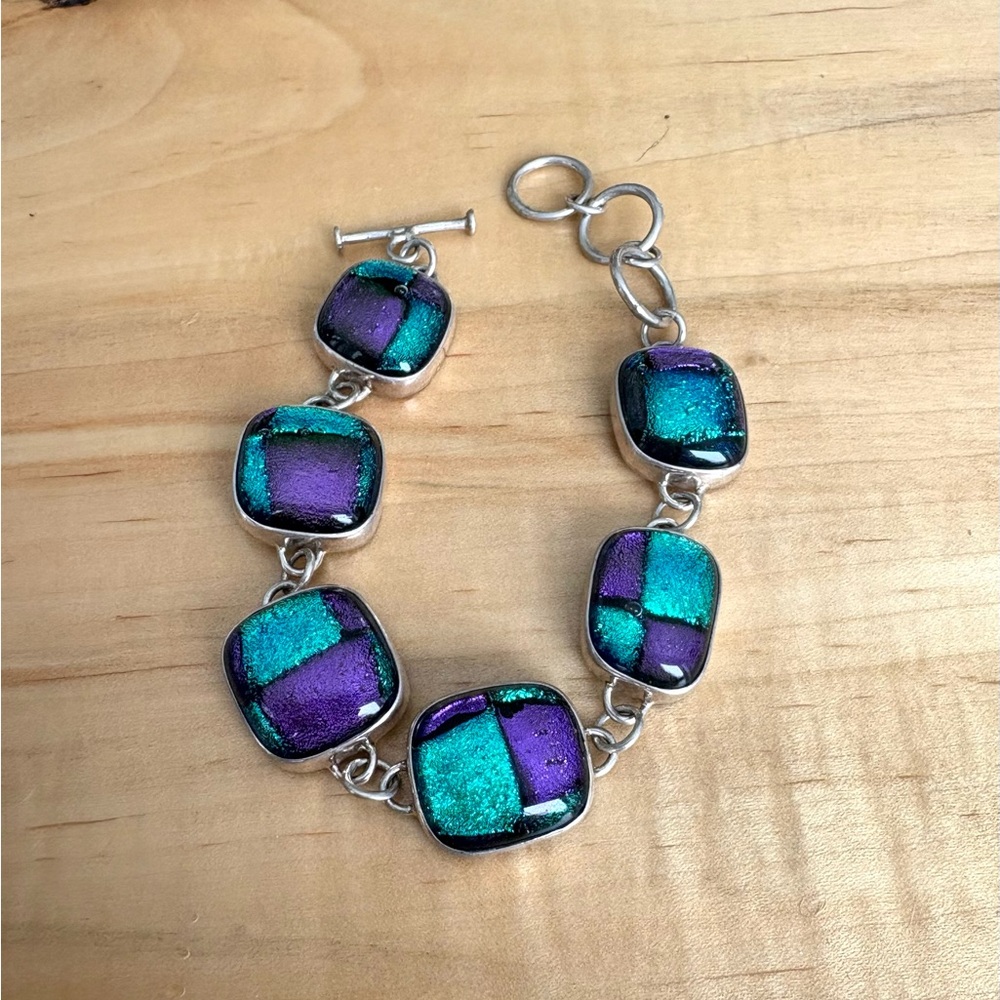 Dichroic Glass Purple and Teal Sterling Silver Bracelet Vintage 925